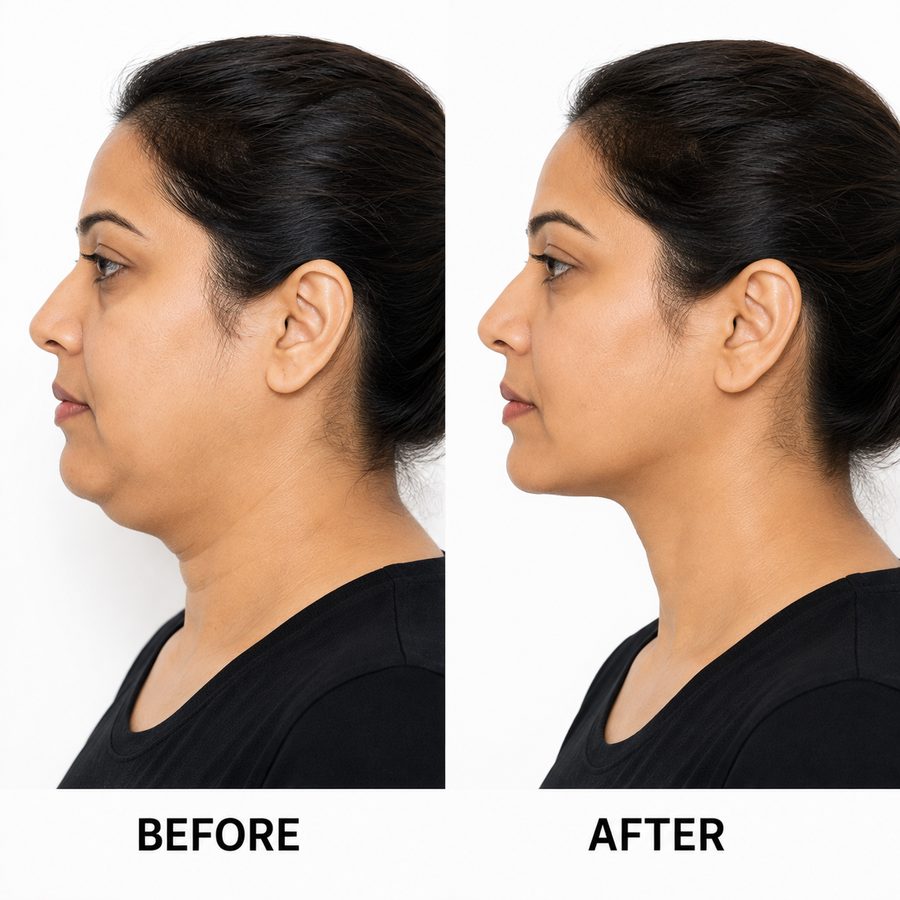 Double chin reduction before and after for women at MS Skin & Hair Clinic Delhi