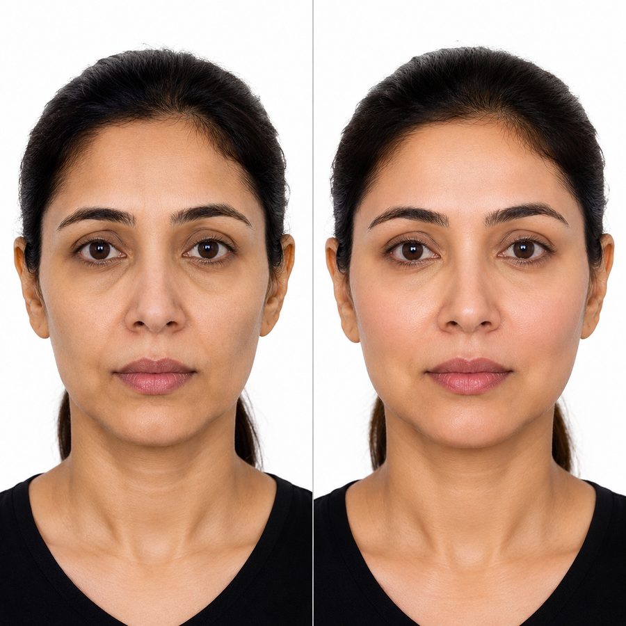 Full face fat grafting and volume restoration before and after at MS Skin & Hair Clinic Delhi