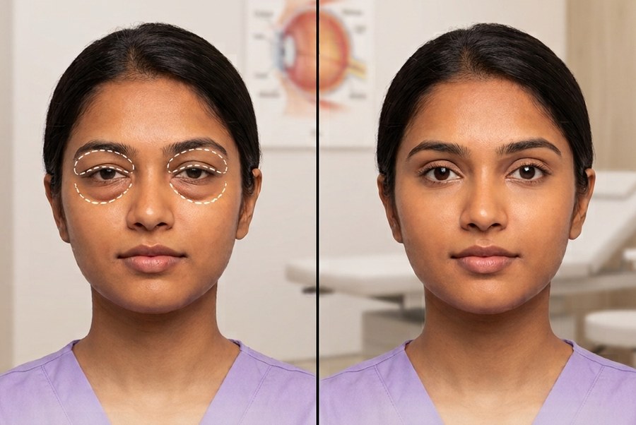 Under-eye puffiness before and after blepharoplasty at MS Skin & Hair Clinic Delhi